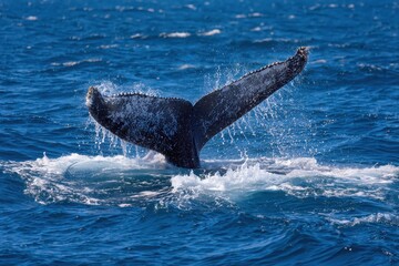 Naklejka premium Humpback whale tail splashes water as another whale surfaces in the ocean during a sunny day
