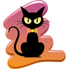 Whimsical Black Cat With Yellow Eyes Wearing A Red Polka Dot Bow Tie Sitting On A Gradient Orange And Pink Blob With A Transparent Background