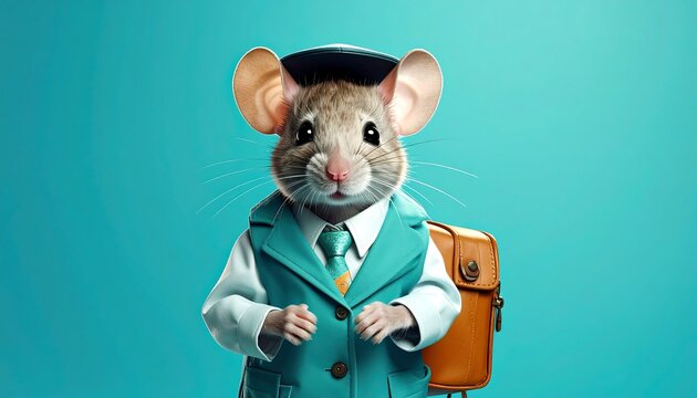 A charming anthropomorphic mouse in a teal suit and hat, carrying a satchel, stands against a cyan backdrop - Powered by Adobe