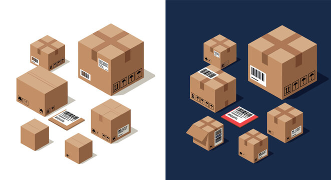 Isometric cardboard boxes with barcodes on white and dark backgrounds