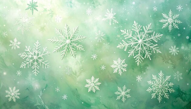 Green and white watercolor background with intricate white snowflakes for editorial winter photography festive craft decor and poetic seasonal-themed visuals