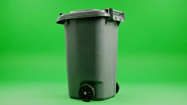 A tall, grey wheeled waste container with a closed lid against a solid green background