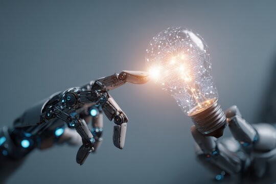 Collaboration between human and robot emphasized through hands connecting and sparking a light bulb of innovation in a futuristic setting