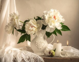 A classical still life with vibrant white flowers in a decorative jug, with candles and delicate lace