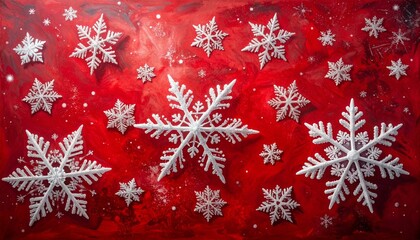 Red marbled background with scattered white snowflakes and falling snow dots for editorial holiday photography winter celebration decor and poetic seasonal-themed visuals