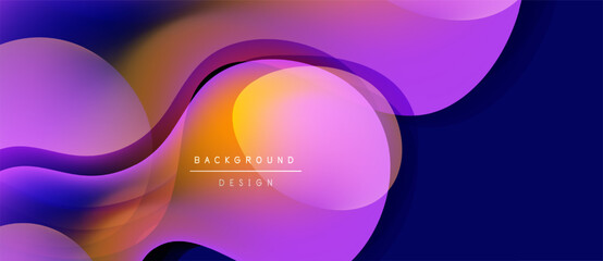 Abstract fluid shapes, vibrant colors blend. Modern design, smooth gradients create dynamic composition. Purple, orange hues dominate.