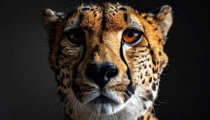 Close up portrait of a cheetah face with intense orange eyes and spotted fur in diffused window lighting against a dark background.