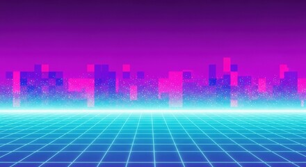 A vibrant digital artwork showcasing a retro-futuristic cityscape with neon colors and a grid floor.