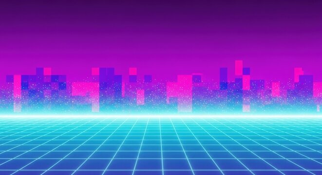 A vibrant digital artwork showcasing a retro-futuristic cityscape with neon colors and a grid floor.