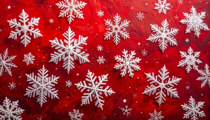 Red marbled background with scattered white snowflakes and falling snow dots for editorial holiday photography winter celebration decor and poetic seasonal-themed visuals