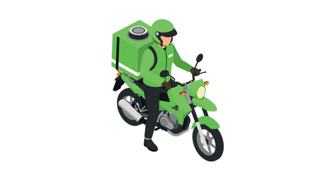 Colorful isometric delivery driver riding motorcycle with helmet and green uniform