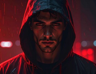 A close-up of a brooding male figure, shrouded in a dark hood, illuminated by a red glow, suggesting mystery