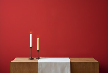 Two lit candles on wooden table with red wall background