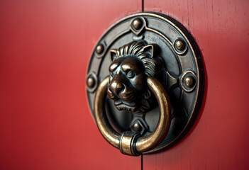 Ornate lion head door knocker with ring on red wooden door