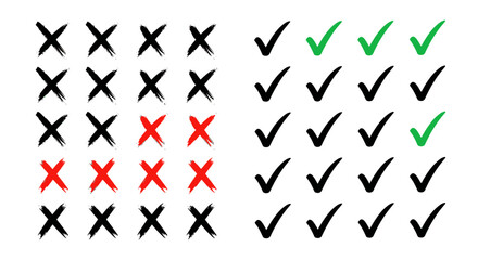 Hand drawn check marks and crosses in green and red on a white background representing choices and decisions
