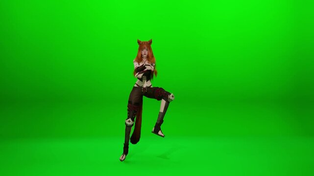 A photorealistic 3D CGI female Furry Fox character with ears and tail in a sultry costume, performing a dynamic dance sequence on a green screen. Captured at 60fps for smooth slow motion VFX. Ideal fo