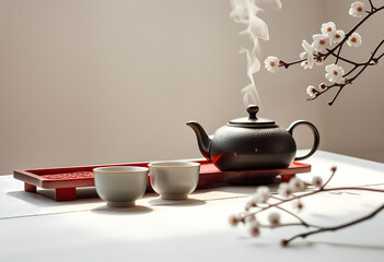Steaming Teapot, Two Tea Cups, Red Tray, and White Blossoms