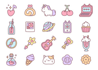 Girly icon collection. A set of cute illustrations in pastel tones, featuring adorable objects such as a unicorn, cupcakes, keys, planets, and magic items. Kawaii stickers. Vector 10 EPS.