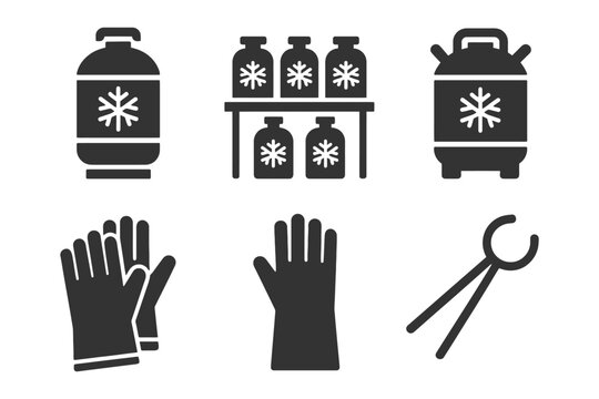 Cryogenic equipment icons featuring tanks, gloves, and tongs.