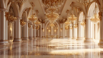 Fototapeta premium Opulent grand hall features numerous gilded chandeliers hanging above polished marble floors