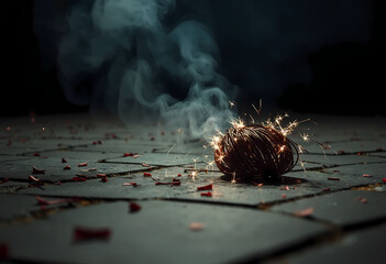 Sparking firecracker bundle on pavement, smoke background
