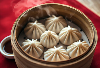 Seven dumplings steaming in bamboo basket on red surface
