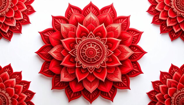 Intricate red mandala design with symmetrical petal layers and surrounding motifs on white background for editorial spiritual photography meditative decor and poetic balance-themed visuals