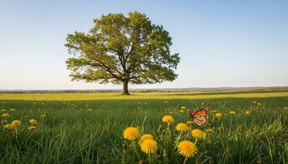 Scenic view of a meadow field with lush green grass, yellow dandelions, and a single butterfly fluttering under blue sky