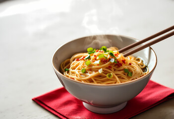 Steaming Noodle Bowl with Chopsticks on Red Napkin