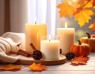 Cozy autumn still life of candles, pumpkins, leaves, and knitwear