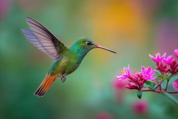 Fototapeta premium Colorful hummingbird hovering near pink flowers in tropical garden with soft blurred background