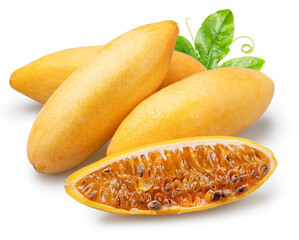 Curuba or banana passion fruit and fruit cut in half showing the juicy pulp and black seeds on white background. File contains clipping path.