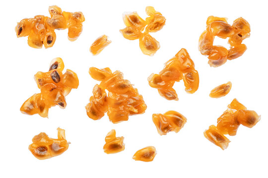 Juicy pulp of the kuruba, or banana passion fruit, with seeds, on a white background. This file contains clipping paths. - Powered by Adobe