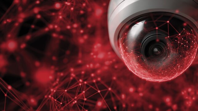 Security camera with digital red network connections symbolizing surveillance, data monitoring and cyber security
