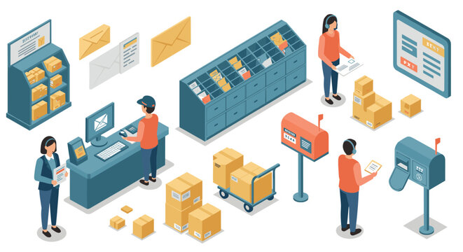 Isometric post office scenes with employees sorting and delivering mail in a modern setting