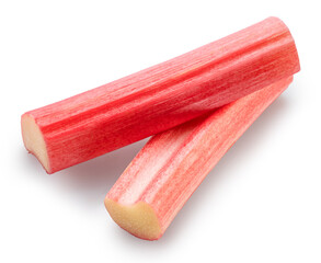 Cuts of red rhubarb stem on white background. File contains clipping path.