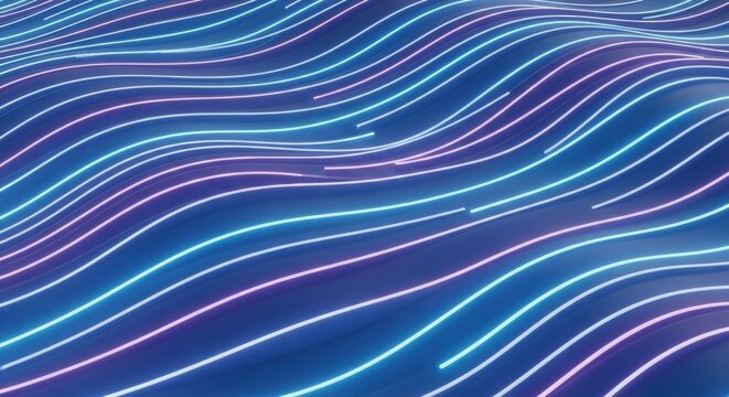Abstract flowing lines of neon blue and pink light creating a wavy, futuristic digital landscape.