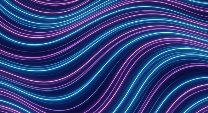 Abstract pattern of glowing blue and purple neon wavy lines on a dark background creating a dynamic and futuristic visual effect.