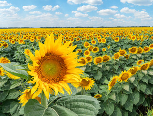 Obraz premium Sunflower blooming head and rows of sunflower plants on sunflower organic field. Blue sky with fluffy white cloups at the background.