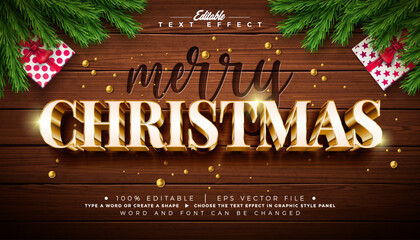 Merry Christmas Text Effect Design Editable Vector Graphic Style with 3D Gold and Engraved Typography Lettering on Vintage Wood Background. Winter Holiday Scalable Illustration Template with Goft Box