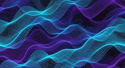 Abstract flowing waves of cyan and purple mesh against a dark background, creating a sense of depth and movement.