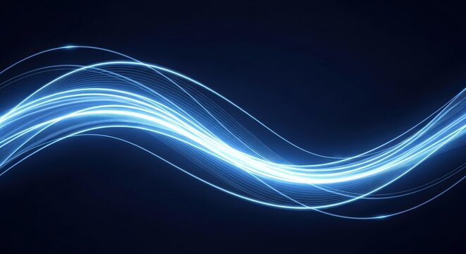 Abstract flowing wave of glowing blue light streaks on a dark background.