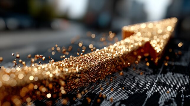 Happy gold arrow moving upwards on a realistic world grid graph optimizing growth and success