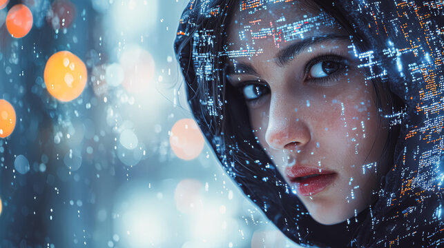 A resolute female figure in a dark hoodie gazes inquisitively as floating code symbols surround her in a bright, minimalistic workspace