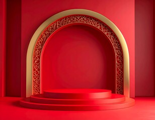 Elegant studio scene with layered red platform and golden arch detail