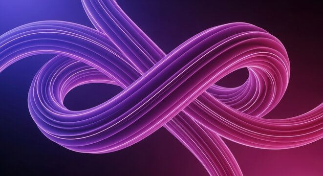 Vibrant purple and pink flowing light trails forming an abstract infinity shape on a dark background.