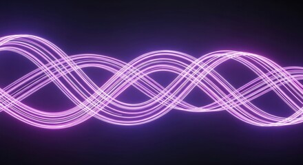 Abstract background of glowing purple neon light waves intertwined in a sine pattern.