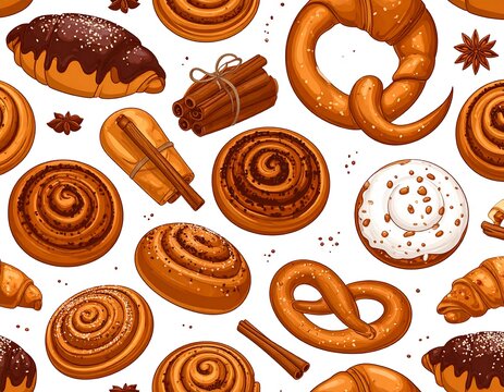 A delightful assortment of baked goods, including croissants, pretzels, and cinnamon rolls, arranged on a white background