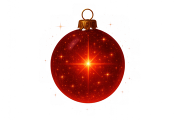 Red christmas bauble decoration sparkling with star light on transparent background, holiday season celebration