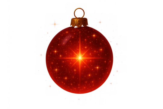Red christmas bauble decoration sparkling with star light on transparent background, holiday season celebration - Powered by Adobe